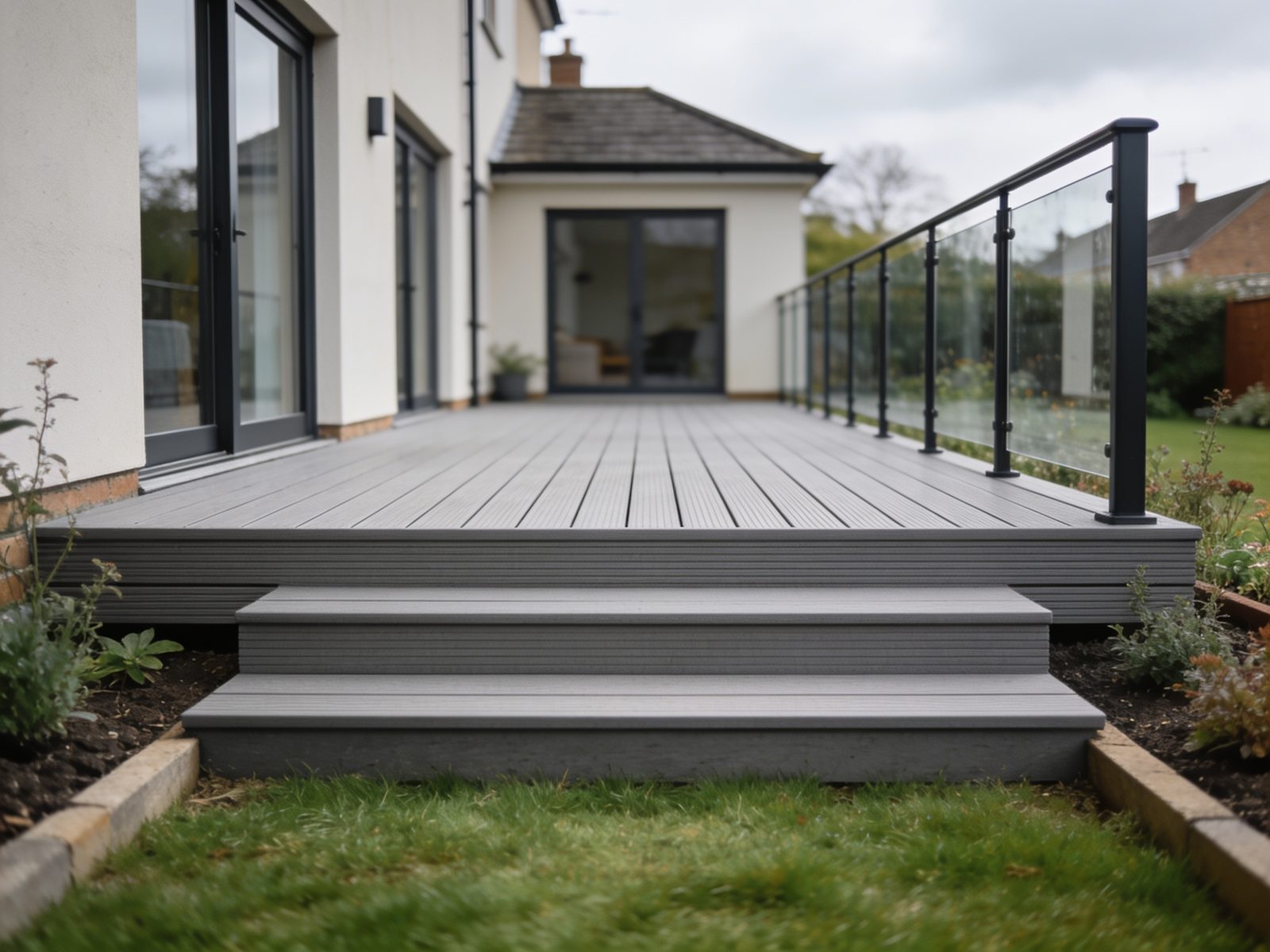 A composite deck in warm grey boards with a glass balustrade, stepping down to a lawn.