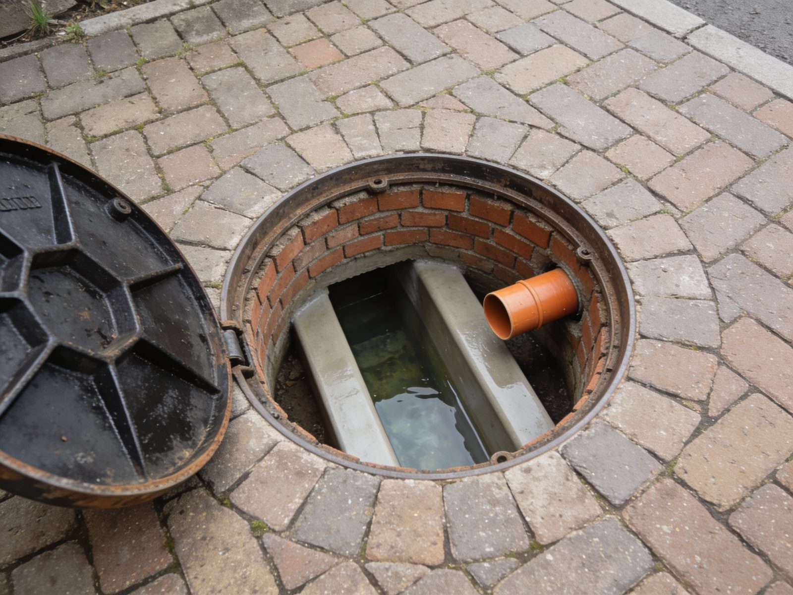 An open inspection chamber in a paved driveway with clean brickwork and clear channels below.