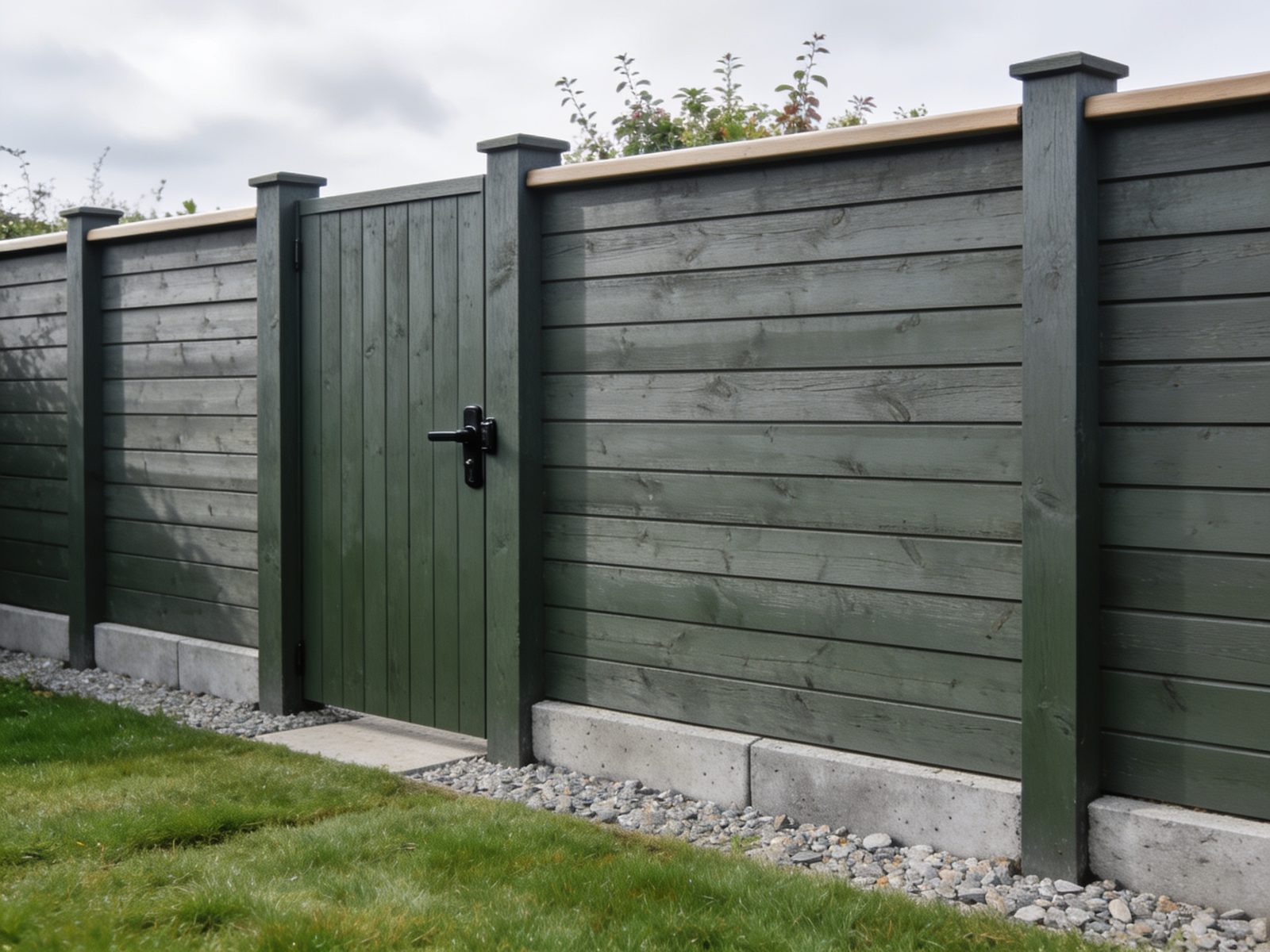 Close-board timber fencing in a dark grey-green stain with a matching gate and concrete gravel boards.