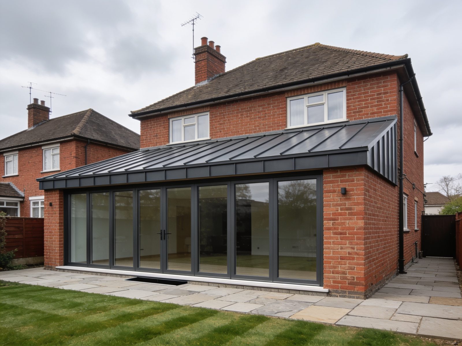 A single-storey rear extension with a zinc roof and full-height glazing on a red-brick house.