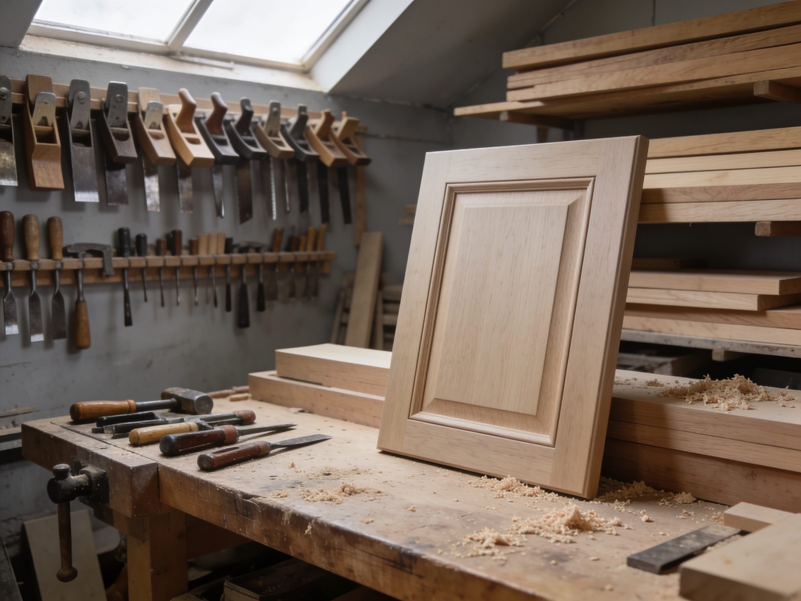 A joinery workshop at the end of a working day: hand tools racked in order, stacked oak boards and a finished cabinet door on the bench.
